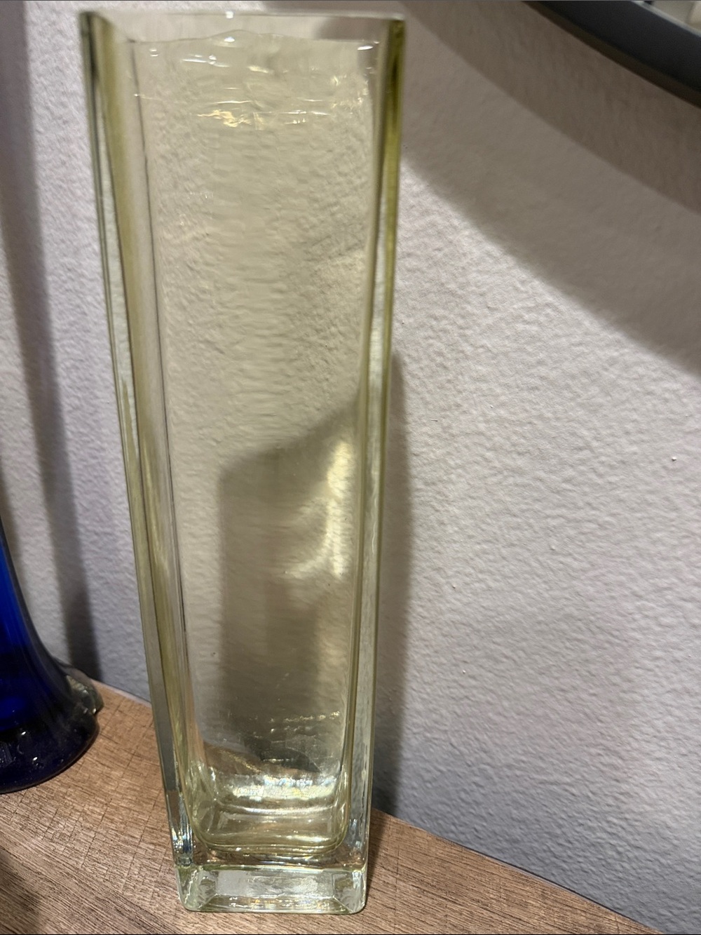 West Elm Tall Square Glass Vase in Pale Yellow Tint